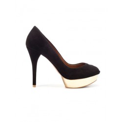 Zara Black Suede Peep Toe Pumps with Gold Platform Size 39